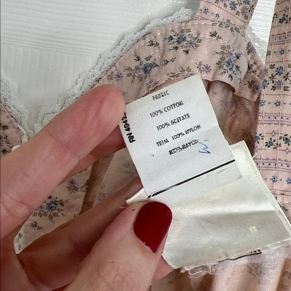 Vintage Gunne Sax lace up sweetheart pink ditzy floral midi dress ribbons & lace - Picture 9 of 10